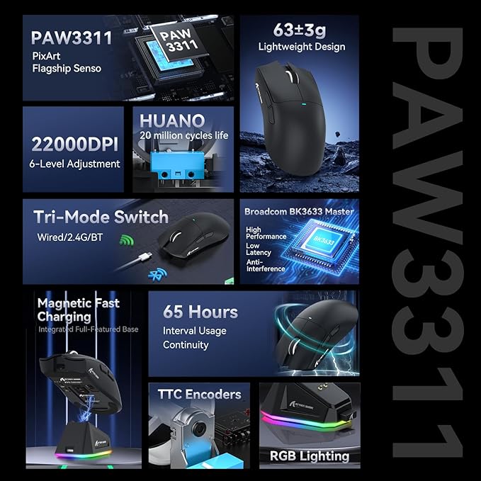 Ratón Gaming ATTACK SHARK X11 (Negro) – 22000 DPI, Sensor PAW3311, Inalámbrico/Cableado, Base de Carga Magnética - MundoMixRatón Gaming ATTACK SHARK X11 (Negro) – 22000 DPI, Sensor PAW3311, Inalámbrico/Cableado, Base de Carga Magnética