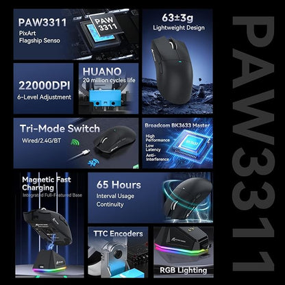 Ratón Gaming ATTACK SHARK X11 (Negro) – 22000 DPI, Sensor PAW3311, Inalámbrico/Cableado, Base de Carga Magnética - MundoMixRatón Gaming ATTACK SHARK X11 (Negro) – 22000 DPI, Sensor PAW3311, Inalámbrico/Cableado, Base de Carga Magnética