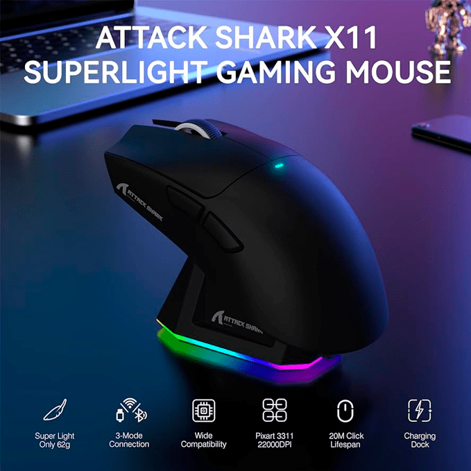 Ratón Gaming ATTACK SHARK X11 (Negro) – 22000 DPI, Sensor PAW3311, Inalámbrico/Cableado, Base de Carga Magnética - MundoMixRatón Gaming ATTACK SHARK X11 (Negro) – 22000 DPI, Sensor PAW3311, Inalámbrico/Cableado, Base de Carga Magnética